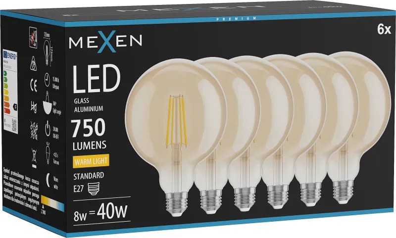 Mexen Vintis 6x żarówka filament LED E27, G125, 8W, Ciepła - 2700K, 750 lm, amber - L158-E27-0827-50x06