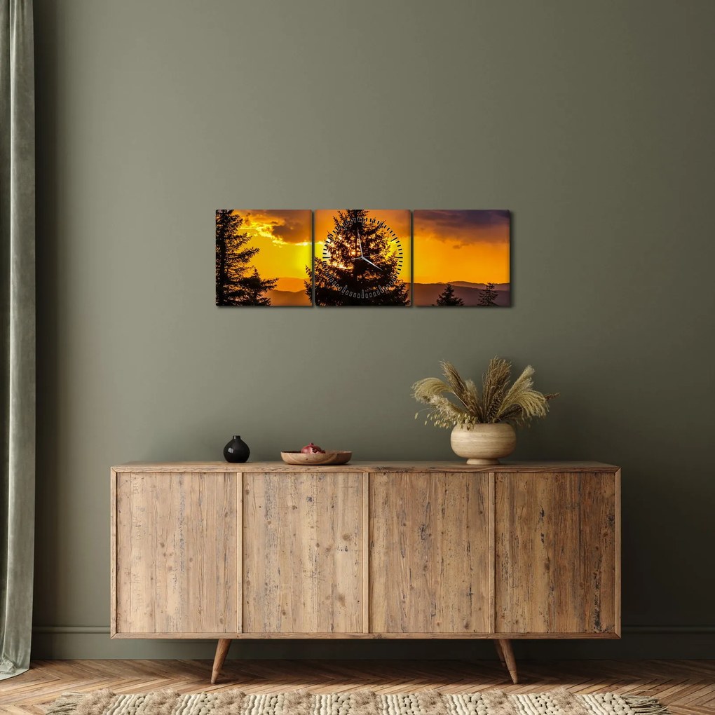 Obraz - drzewa iglaste (z zegarem) (90x30 cm)