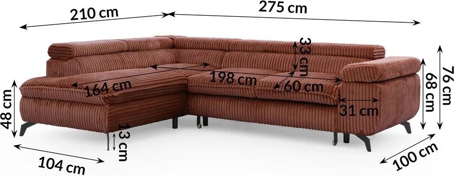 Sztruksowy narożnik w kolorze terakoty (lewostronny/w kształcie litery L) Marbeya – Ropez