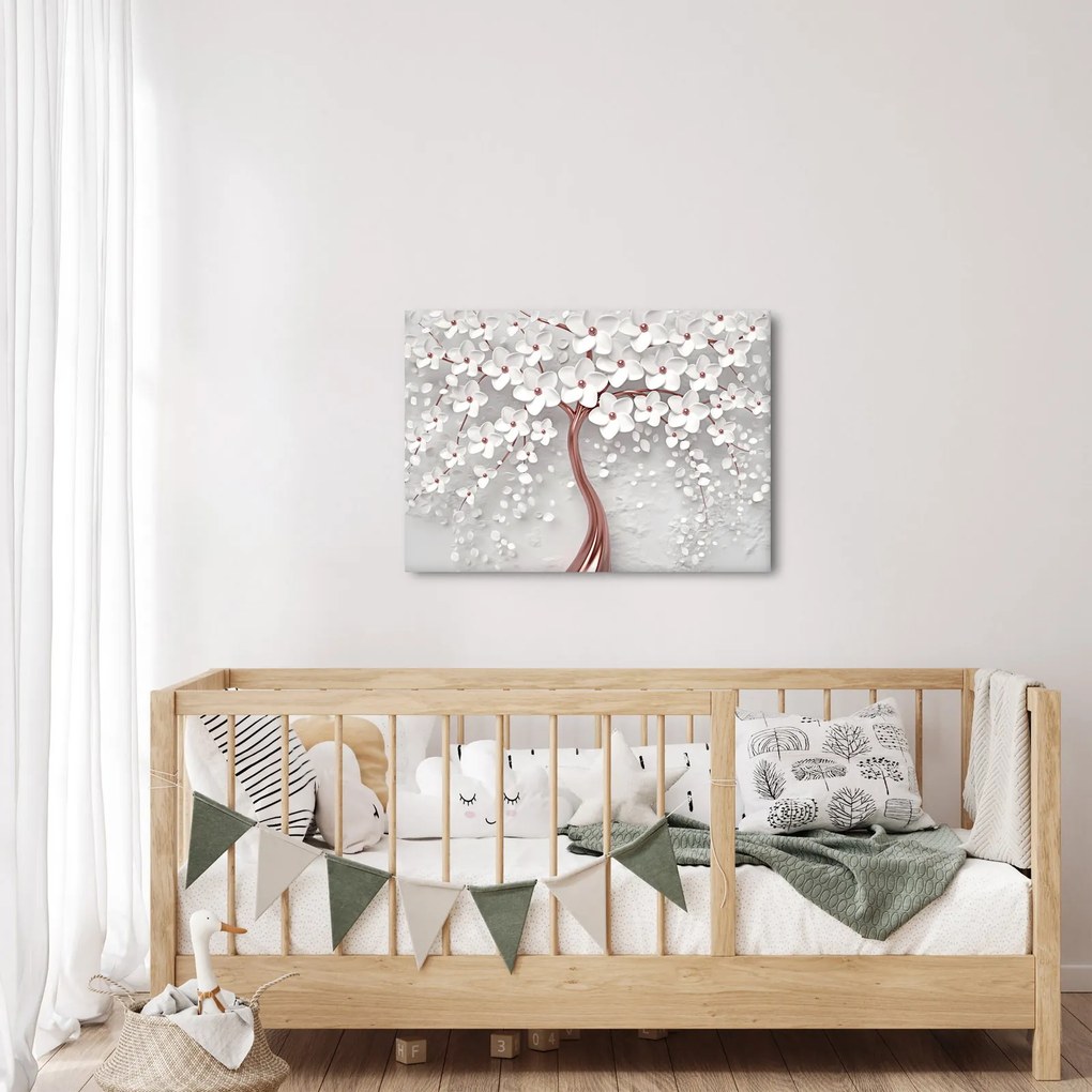 Obraz - Obraz białego drzewa z kwiatami, rosegold (70x50 cm)