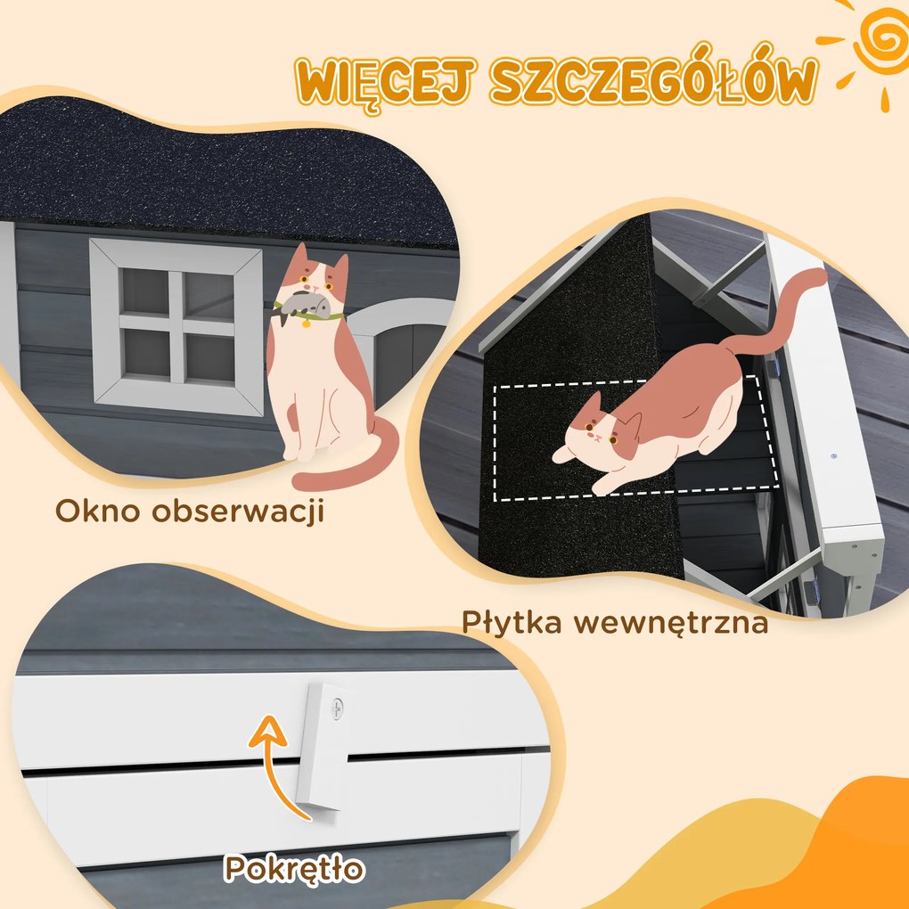 PawHut domek dla kota odporny na warunki atmosferyczne z oknem szary czarny legowisko dla kota na zewnątrz | Aosom PL