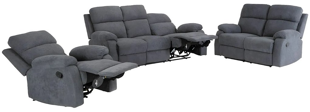 Kanapy 3+2+1-osobowa TOLZANO z tkaniny, z manualną funkcją relax – kolor antracytowy