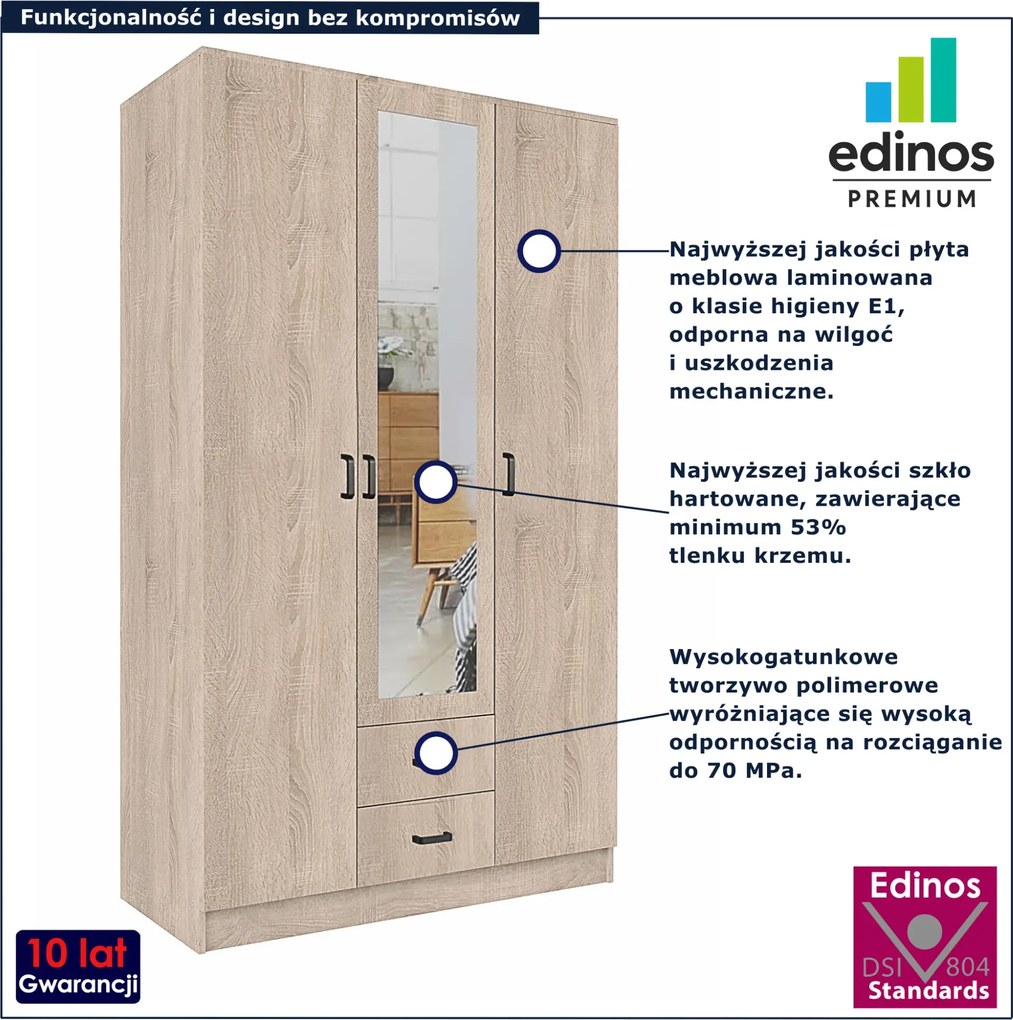 Trzydrzwiowa szafa z lustrem i szufladami dąb sonoma W9-E46