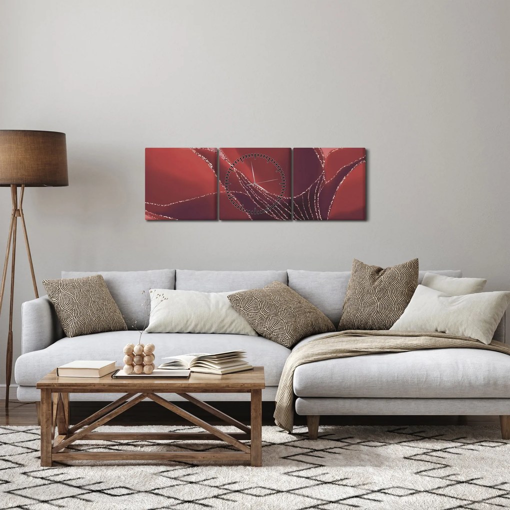 Obraz - Czerwony abstrakcyjny kwiat N⁰2 (z zegarem) (90x30 cm)