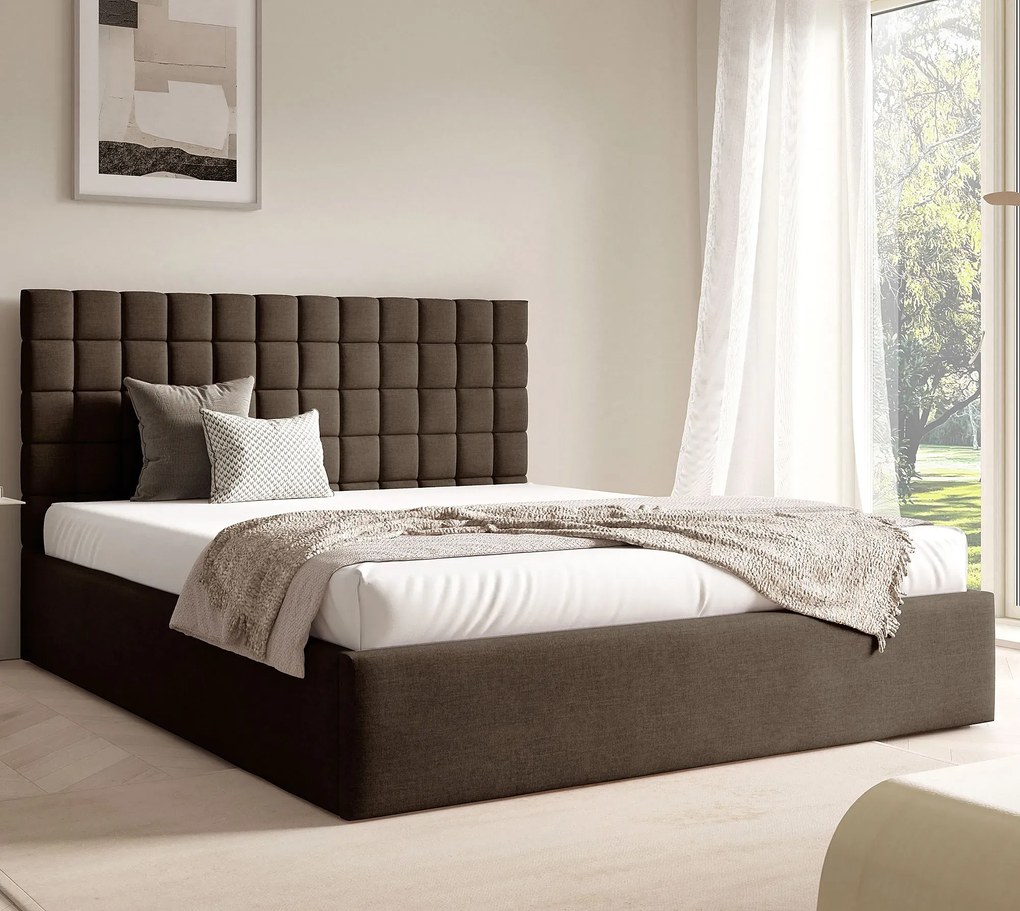 Brązowe łóżko z tapicerowanym zagłówkiem P9-H77