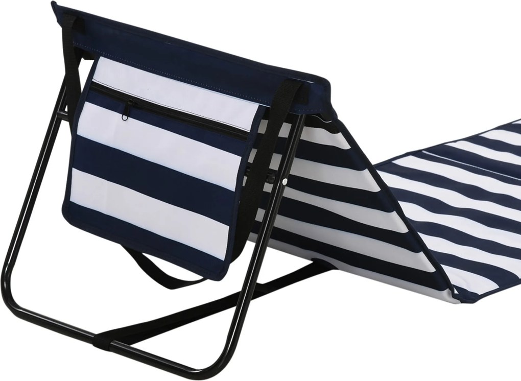 Outsunny Leżak plażowy, składany, regulowane oparcie, boczna kieszeń, miękka poduszka, rama ze stali, niebiesko-biały, 142x51x40cm