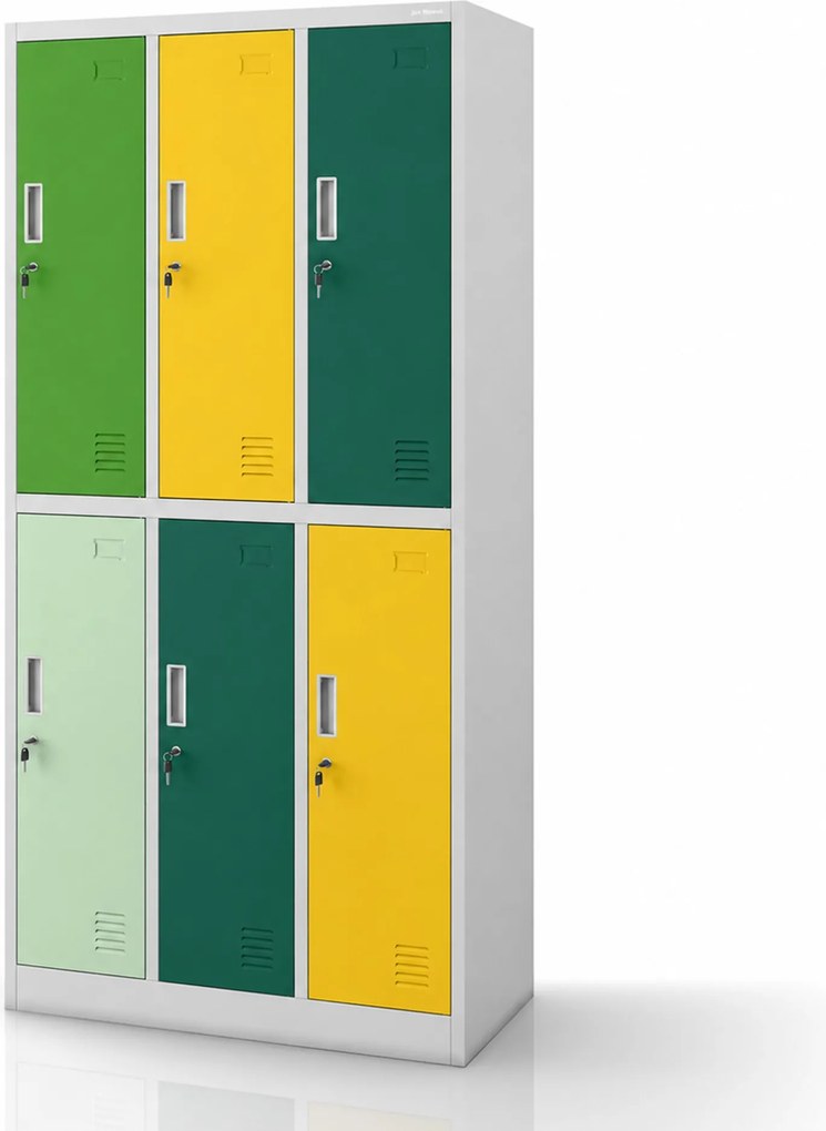 Szafka socjalna ubraniowa BHP szaro-zielono-żółta 6-drzwiowa: IGOR, 900 x 1850 x 450 mm