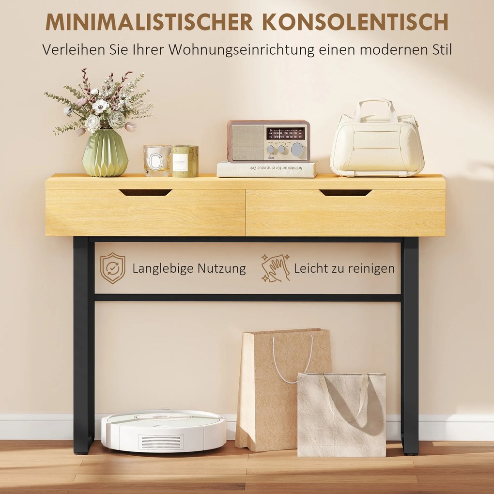 HOMCOM Stolik konsolowy Wąski stolik do przedpokoju z 2 szufladami, metalowa rama, do przedpokoju 110 x 35 x 76,5 cm naturalny | Aosom PL