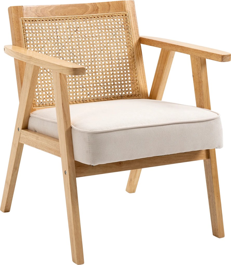 HOMCOM Fotel tapicerowany kremowy drewno kauczukowe poduszka len wygodny fotel do salonu sypialni 63x69x78 cm | Aosom PL
