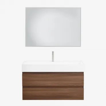 Zestaw Wiszących Mebli Łazienkowych Z Drewna I Forniru Jesionowego Zintegrowany Z Umywalką Ona Prostokątna Lampa Led I Przeciwmgielna 100x70 Cm Riben