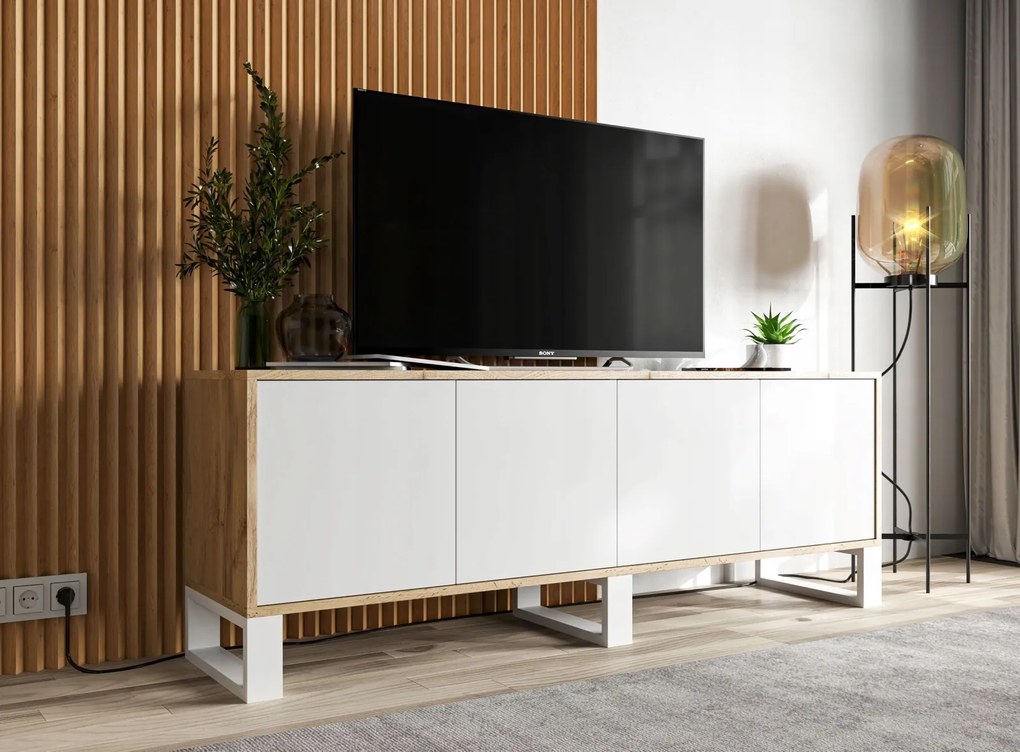 Czterodrzwiowa szafka RTV na płozach Apollo 122 dąb wotan/biały