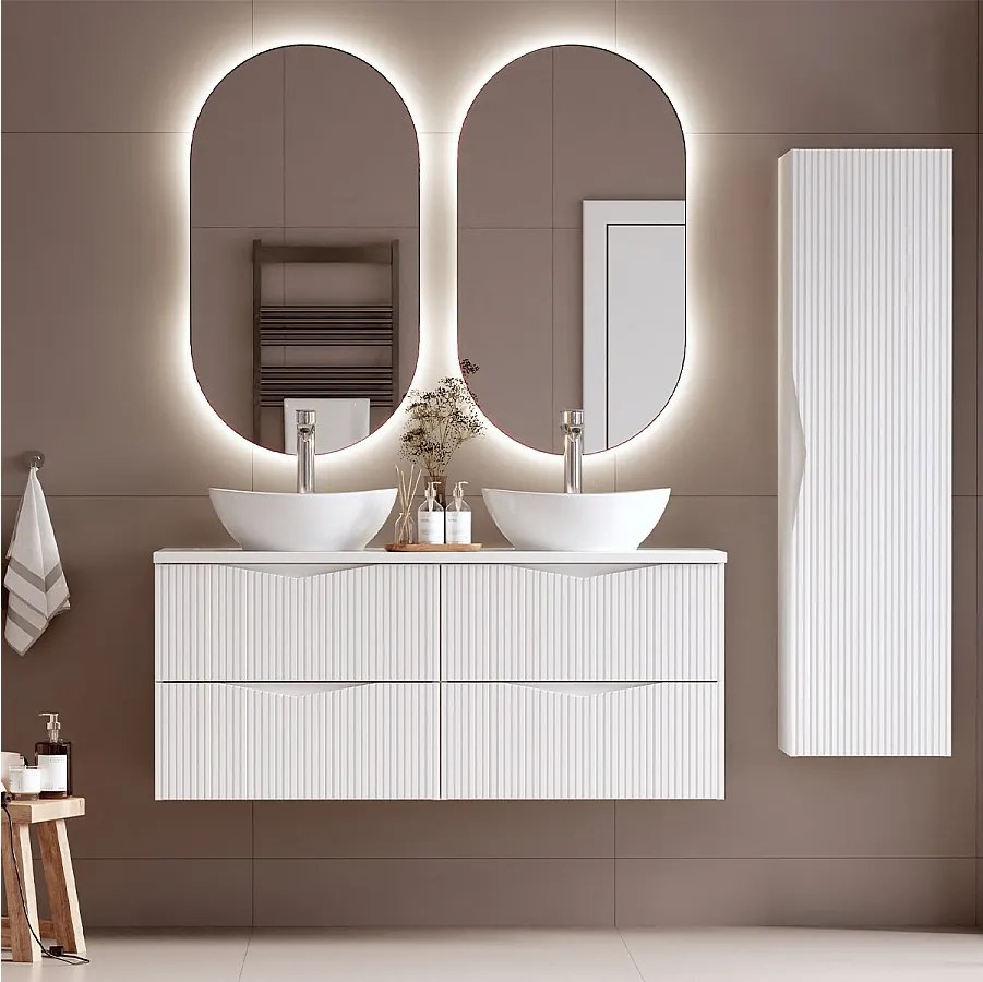 Biały Zestaw do Łazienki 120cm Szafka Blat Umywalka Słupek Ryflowane Fronty Cleo