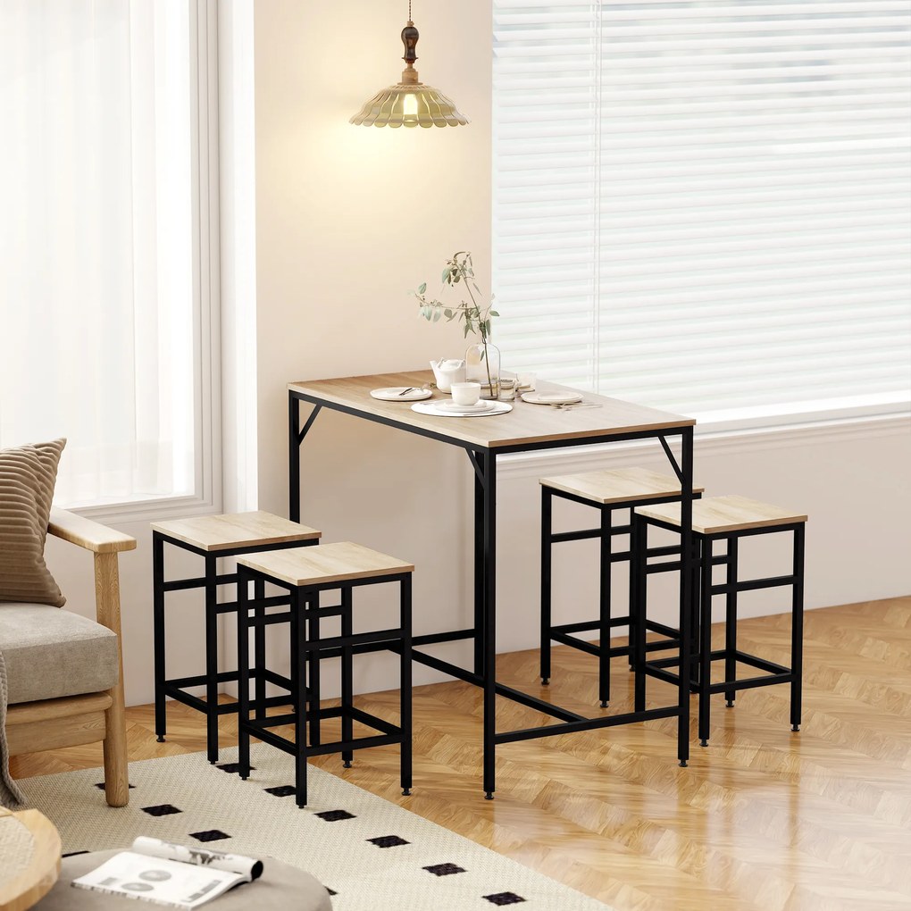 HOMCOM Zestaw stołowy barowy z 4 taboretami 5-elementowy zestaw stołowy stalowy dąb