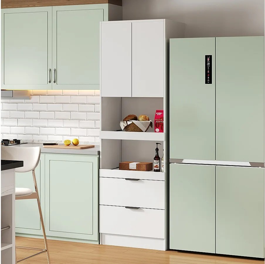 Komoda kuchenna z 2 drzwiami, 2 szufladami i półkami - 59,5 x 45 x 200 cm - drewno MDF - biały