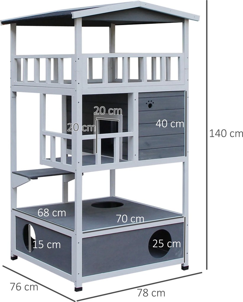 PawHut Domek dla Kota 4-poziomowy z Toaletą, Balkon, Dach Asfaltowy, Drewno, Szary, 78 x 76 x 140 cm