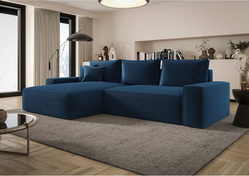 Narożnik MONA z funkcją spania POSO 05 ciemnoniebieski lewy sofa w kształcie litery L z pojemnikiem na pościel kanapa do salonu sofa rozkładana
