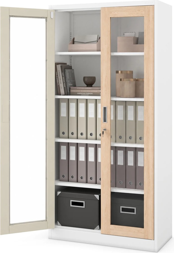 Witryna przeszklona metalowa wysoka z zamkiem biała/dąb sonoma, 900x1850x400 mm: AMELIA Eco Design