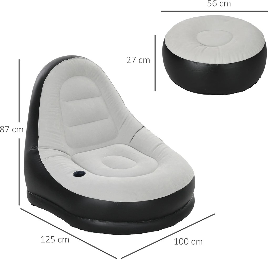 Outsunny Fotel Nadmuchiwany Fotel Ogrodowy, 125 x 100 x 87 cm, Szary + Czarny