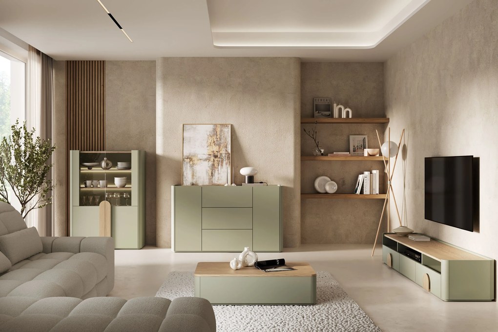 Szafka RTV Amilio 200 cm z szufladami - eukaliptus / dąb baltic dune / uchwyty dąb naturalny