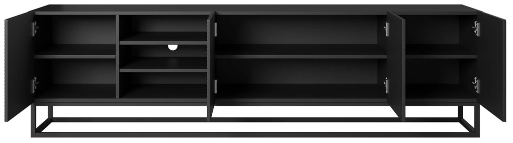 Szafka RTV Asha 200 cm ryflowana z wnęką i metalowym stelażem - czarny mat