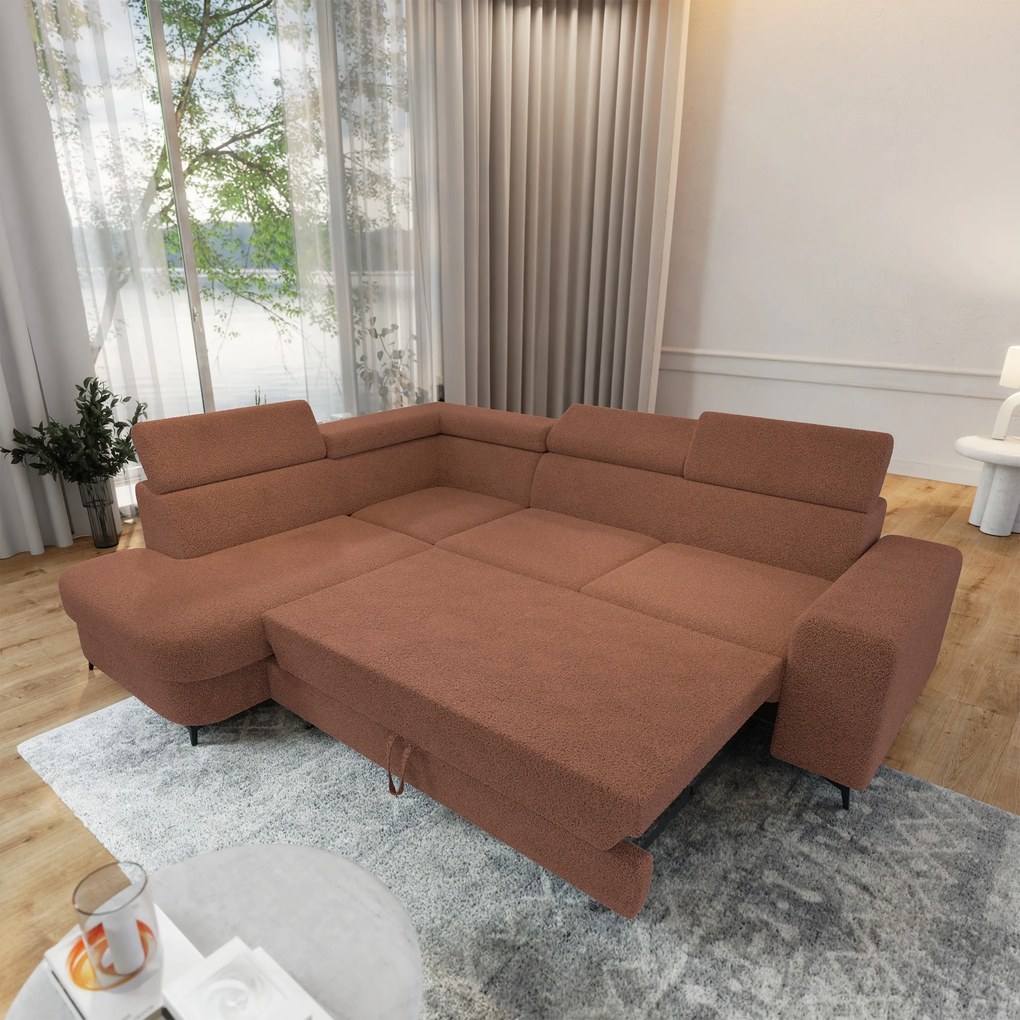 Masseno Narożnik ALVORO z funkcją spania i pojemnikiem na pościel Narozniki L, Rozkładana sofa - Miedziany, QUELLE 54