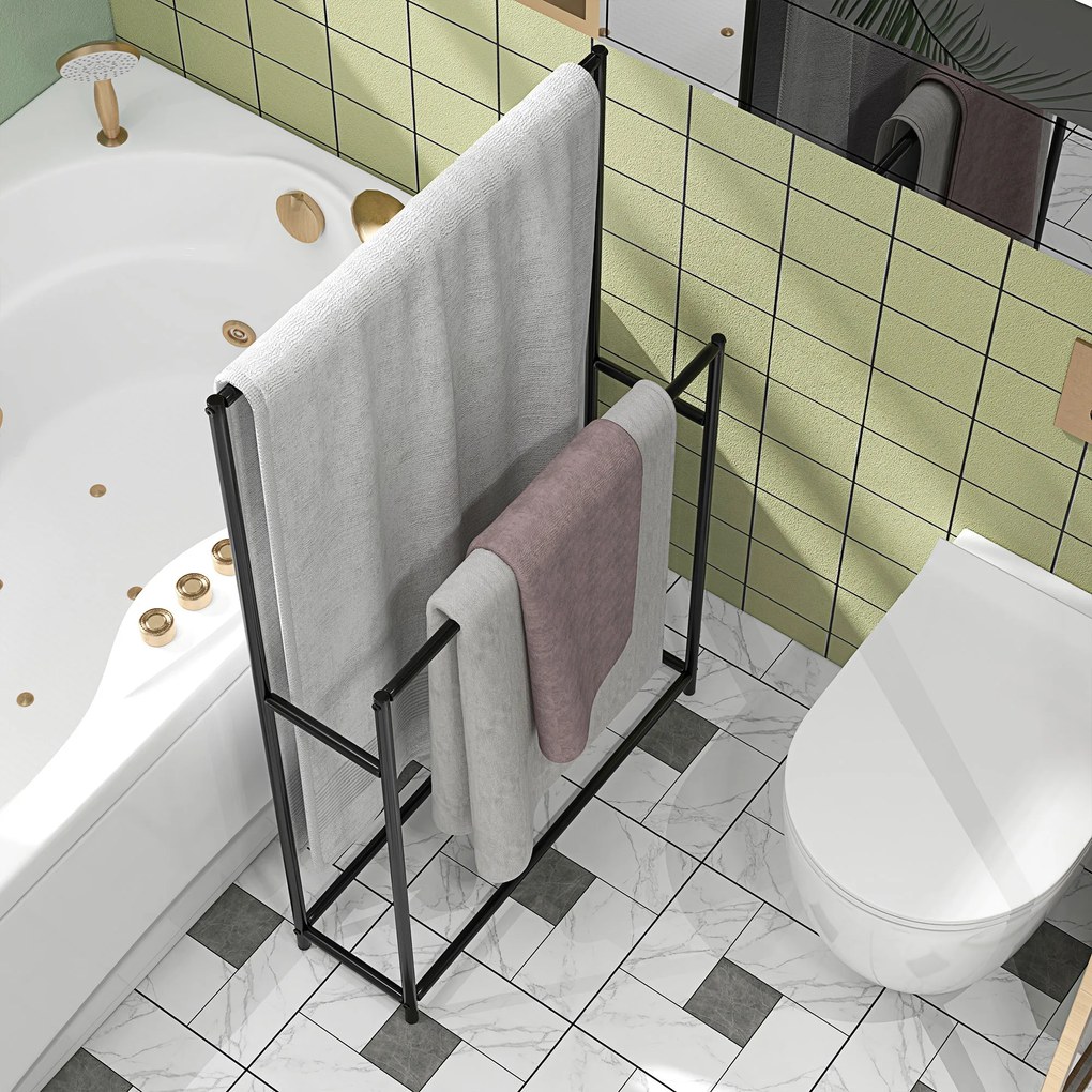 HOMCOM Stojak na ręczniki, wolnostojący, 2 drążki, odporny na rdzę, 66x20x110cm, Czarny