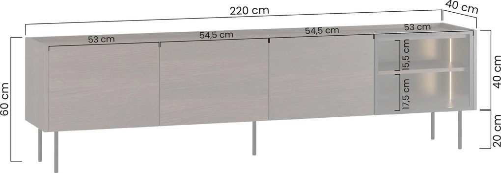 Szafka RTV Dunari 220 cm z metalowymi nogami - dąb dunin