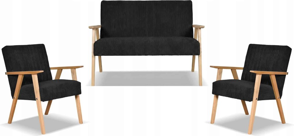 Zestaw mebli PRL retro SOLER sofa fotele Family Meble czarny sztruks Anafi