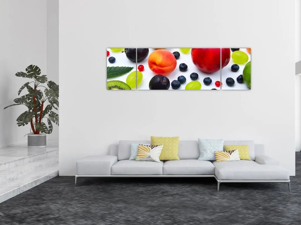 Obraz owoców z kroplami wody (170x50 cm)