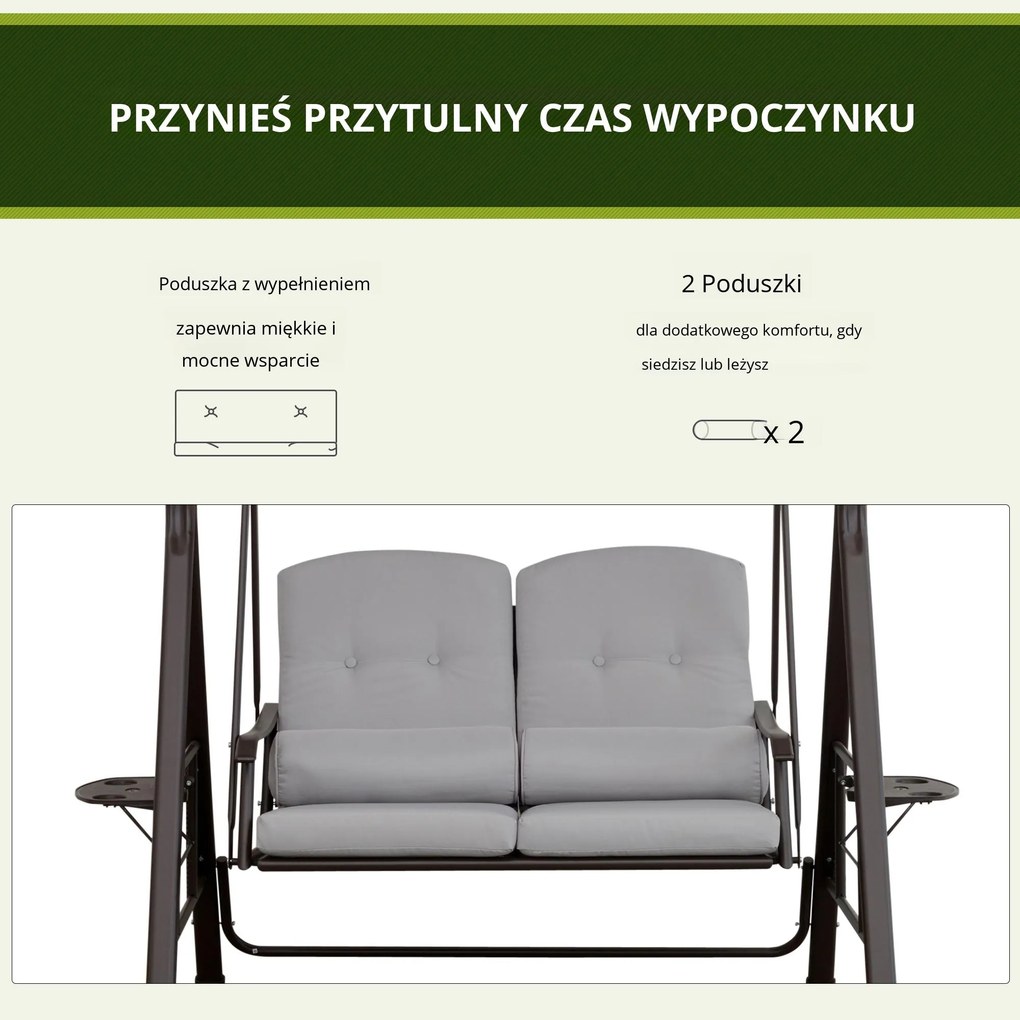 Outsunny huśtawka ogrodowa dwuosobowa z daszkiem przeciwsłonecznym poduszka metalowa wygodna na taras balkon | Aosom PL