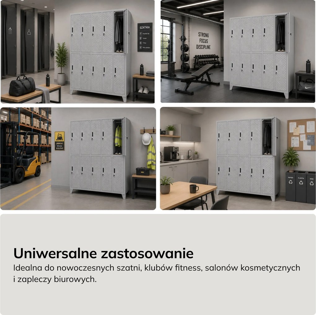 Szafka BHP ubraniowa, skrytkowa, perforowana, 10 skrytek, szara, 1360x1720x450 mm: BARTEK PRO