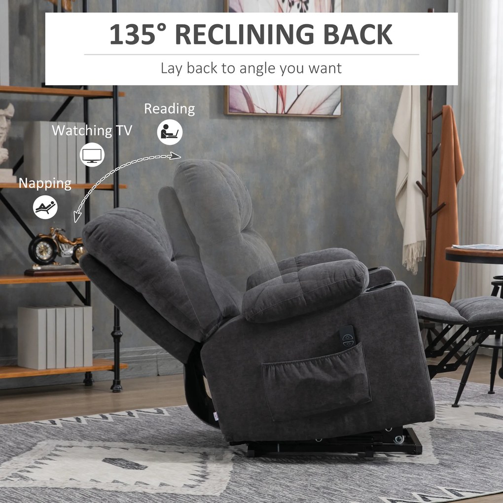HOMCOM Fotel dla seniora z funkcją podnoszenia i leżenia z pilotem ciemnoszary 144 cm x 91 cm x 88 cm | Aosom PL