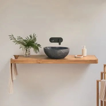 Zestaw Mebli Łazienkowych 130x45 Cm Wiszący Z Drewna Tekowego Neill Drewno Tekowe & Nieregularna Z Czarnego Cementu - Sklum