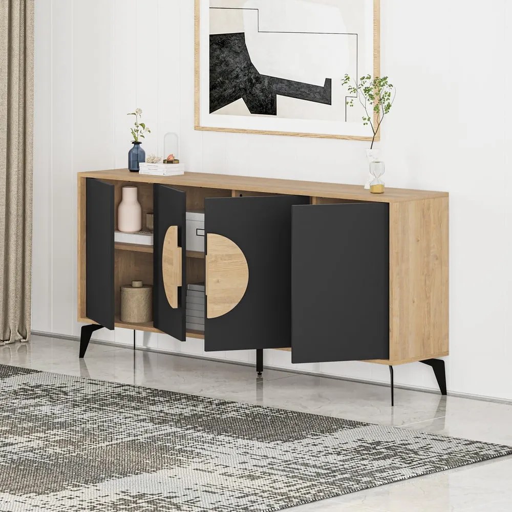 Czarna niska komoda w dekorze dębu 180x82 cm Vae – Marckeric