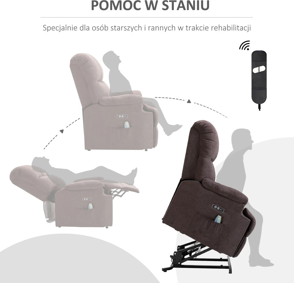 HOMCOM Fotel masujący z funkcją wstawania i ogrzewania regulowany kąt nachylenia z pilotem plusz brązowy | Aosom PL