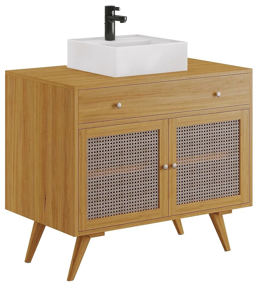 Szafka łazienkowa z jasnego drewna tekowego z plecionką i umywalką ceramiczną - 90 cm - MANSULAN