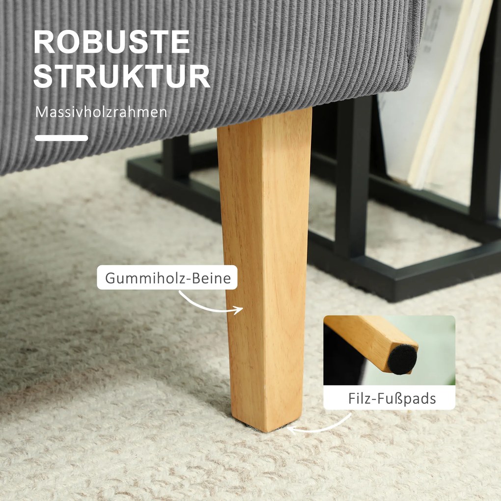 HOMCOM Dwuosobowa Sofa z Obiciem Kordowym, Gruba Tapicerka i Solidne Drewniane Nogi do Salonu, Sypialni, Biura, Szary