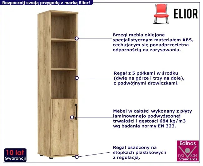 Wąski regał biurowy z drzwiczkami dąb craft - Romo