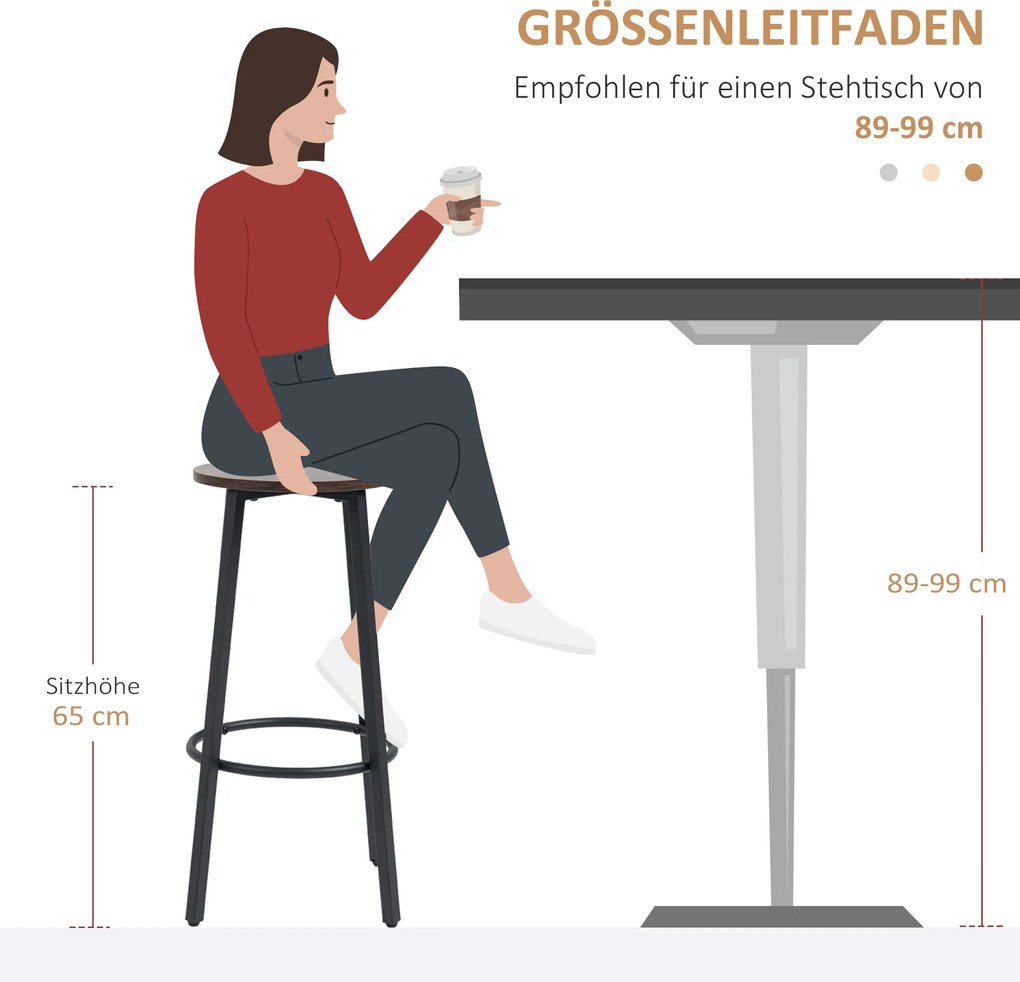 HOMCOM Zestaw krzeseł barowych w designie przemysłowym, rama metalowa, podparcie dla stóp, 42 x 42 x 65 cm