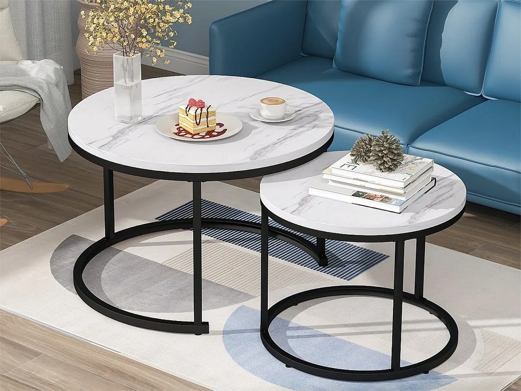 Zestaw 2 stolików kawowych - styl industrialny - wygląd marmuru - Biały