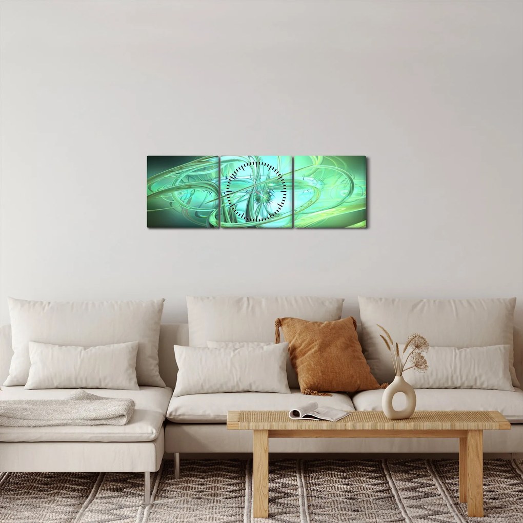 Obraz zielonej abstrakcji (z zegarem) (90x30 cm)
