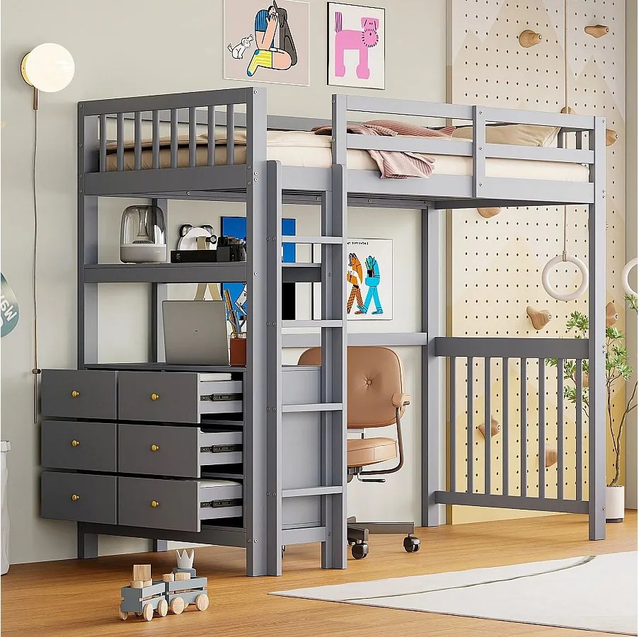 Łóżko łódkowe 90x200 cm - z szufladami, półkami i stelażem - sosna - szare