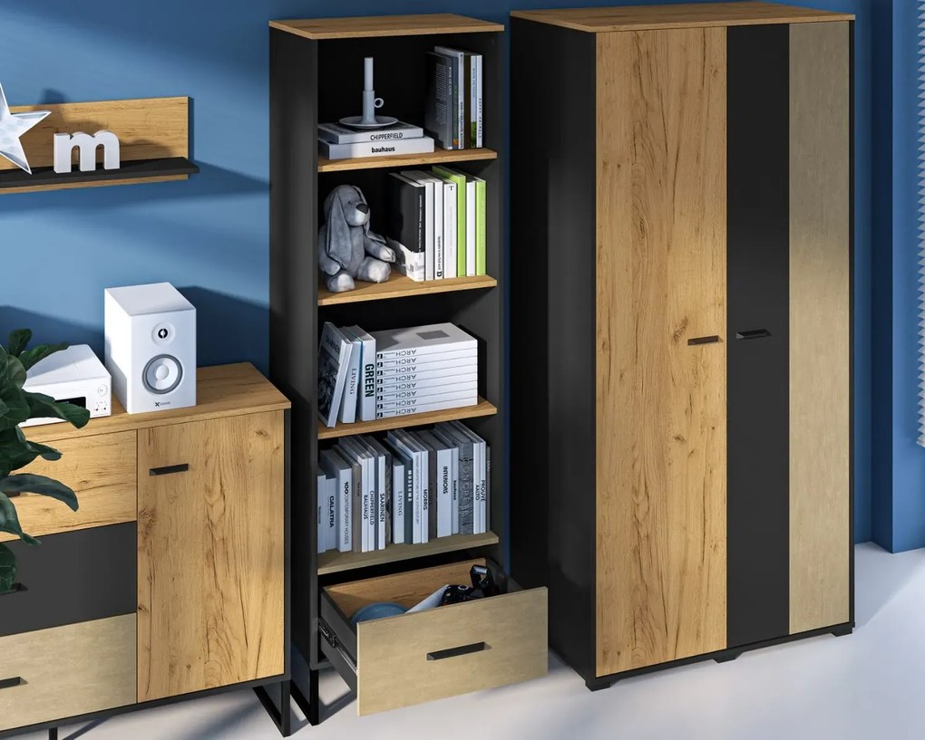 Regał wysoki COLIN 03 dąb złoty craft/czarny ML MEBLE