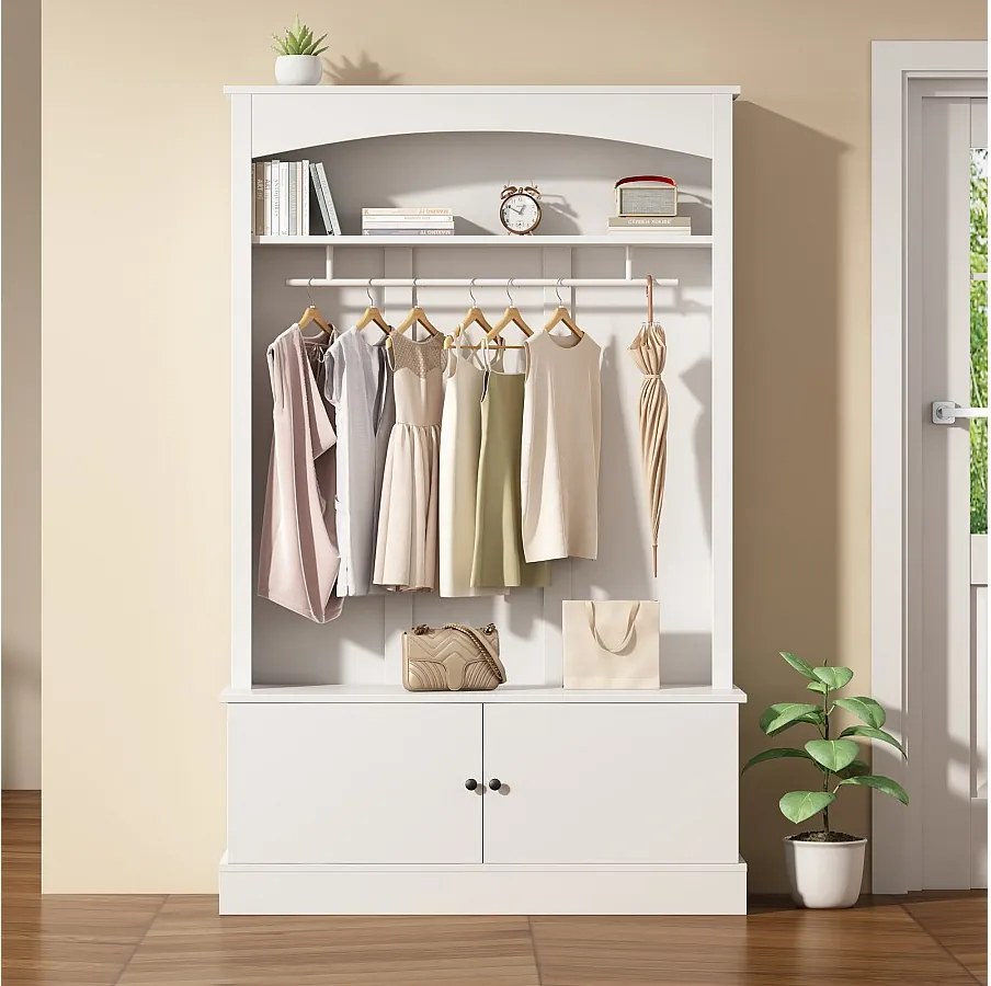 Biały wieszak z schowkiem i regulowanymi półkami – Kompaktowy mebel do przedpokoju