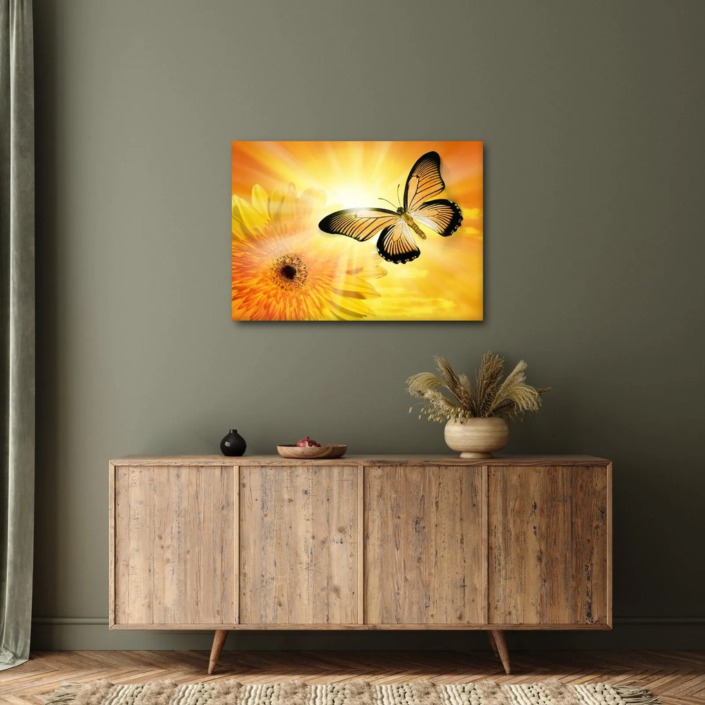 Obraz - Żółty motyl z kwiatkiem (70x50 cm)