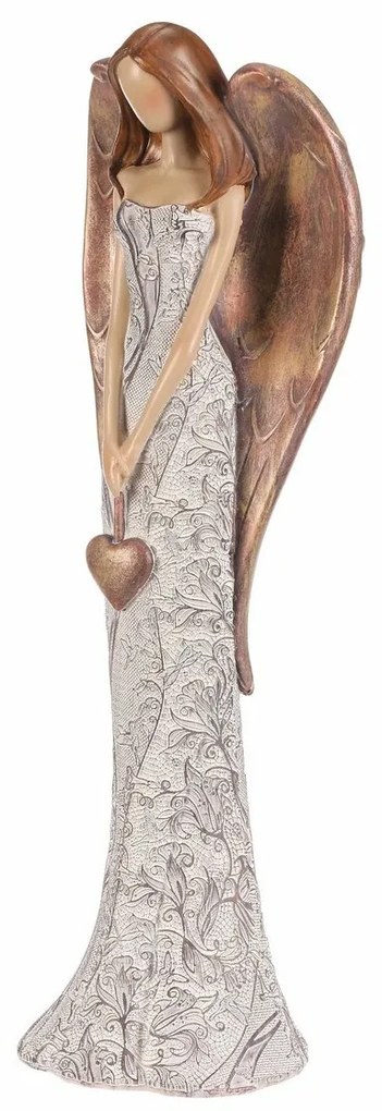 Anioł z poliresinu w sukni w kwiaty Powieszone serce, beżowo-miedziany