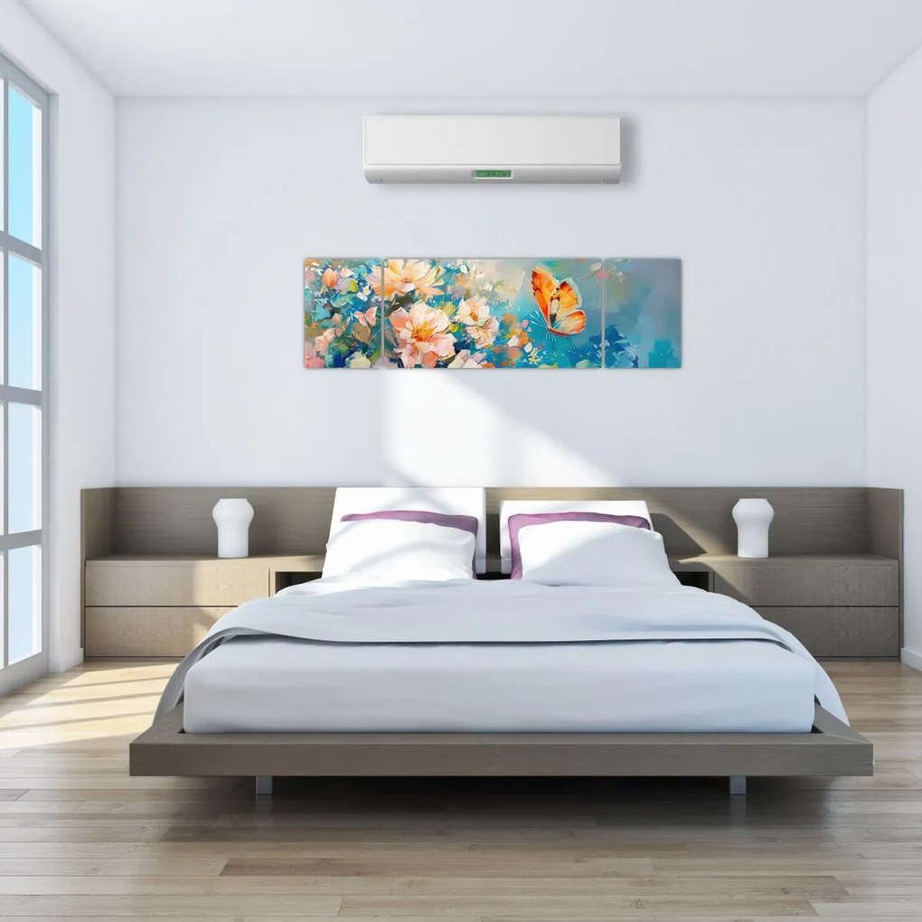 Obraz - Motyl i kwiaty, obraz olejny II. (170x50 cm)