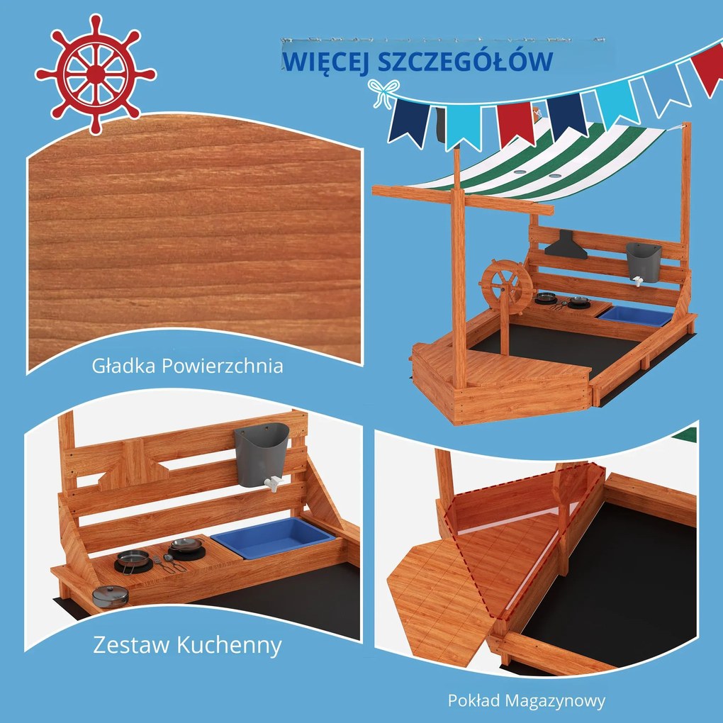 Outsunny Piaskownica z osłoną przeciwsłoneczną Piracki Statek, w zestawie zestaw kuchenny dla dzieci, Drewno Jodłowe, 180 x 103 x 144,5 cm, Pomarańczowy