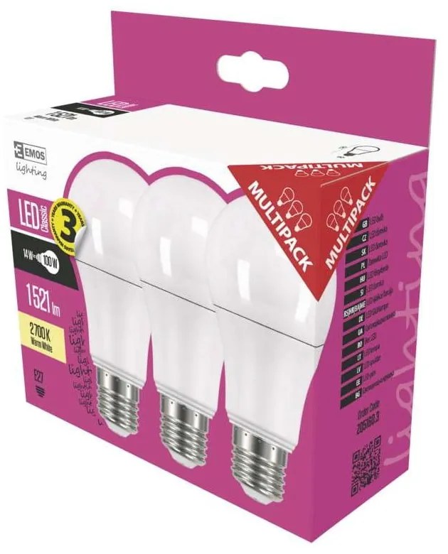 Zestaw 3 żarówek LED EMOS Classic A60 Warm White, 13,2W E27