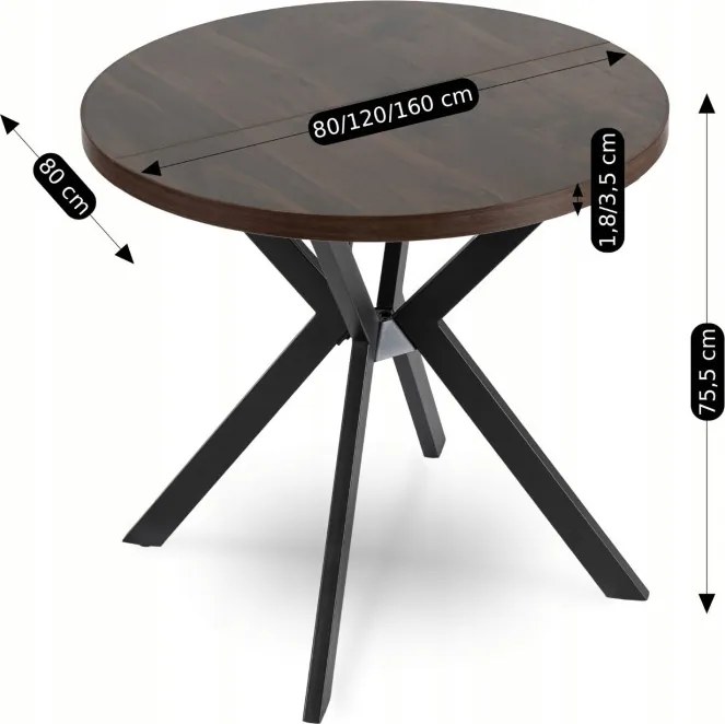 Stół Okrągły Rozkładany DORIAN 80-160 cm Orzech/Czarny Nowoczesny Loft